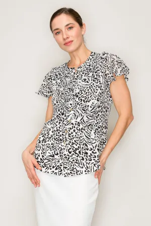 RUFFLE FRONT BUTTON DOWN MIX MEDIA BLOUSE