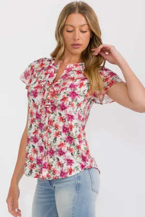 RUFFLE FRONT BUTTON DOWN MIX MEDIA BLOUSE