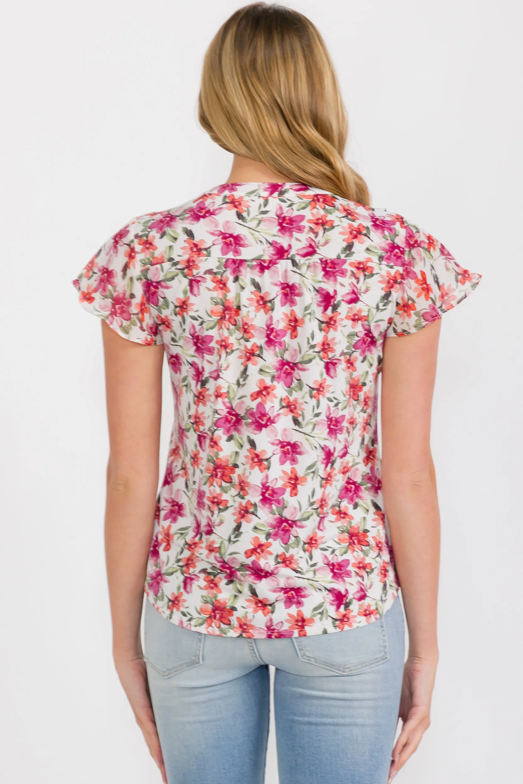RUFFLE FRONT BUTTON DOWN MIX MEDIA BLOUSE