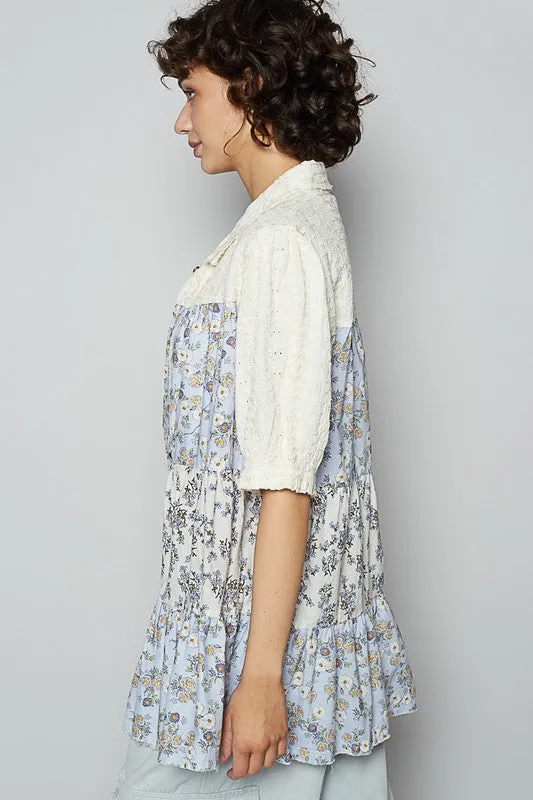 Ruffled Hem Floral Button-Up Half Sleeve Shirt | Trendy Women's Blouse in Light Blue