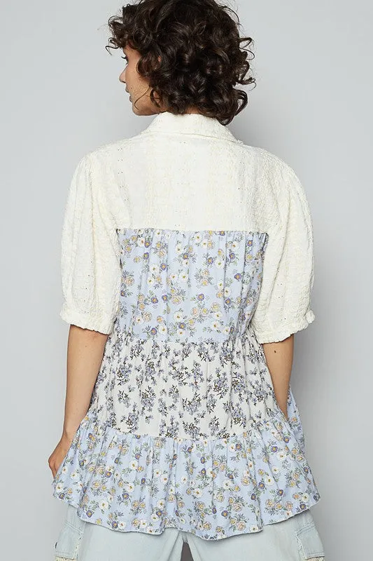 Ruffled Hem Floral Button-Up Half Sleeve Shirt | Trendy Women's Blouse in Light Blue