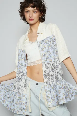 Ruffled Hem Floral Button-Up Half Sleeve Shirt | Trendy Women's Blouse in Light Blue