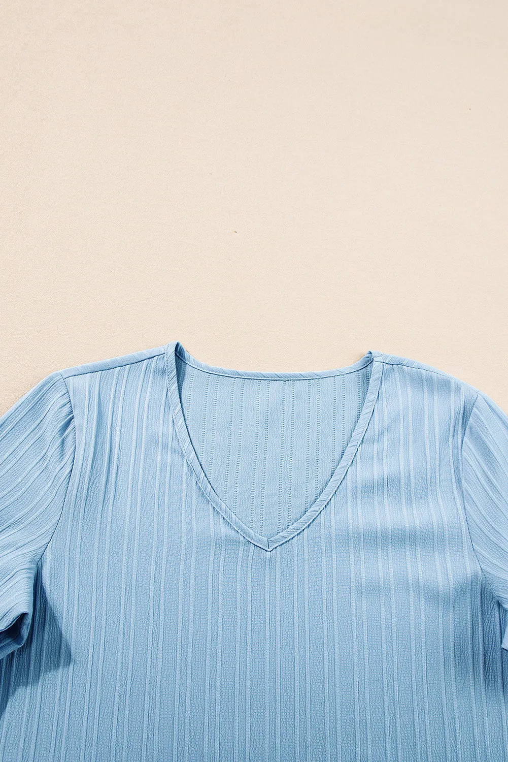 Ruffled Short Sleeve V Neck Textured Blouse