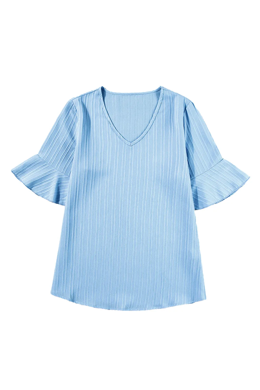 Ruffled Short Sleeve V Neck Textured Blouse