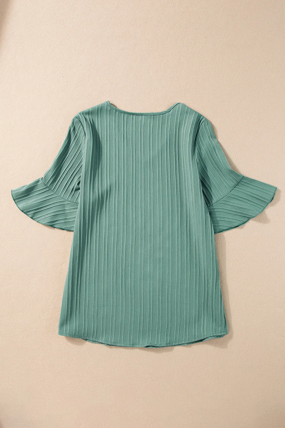 Ruffled Short Sleeve V Neck Textured Blouse