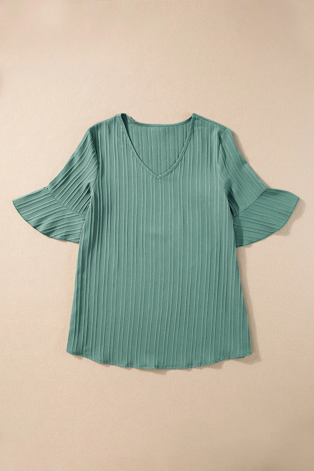 Ruffled Short Sleeve V Neck Textured Blouse