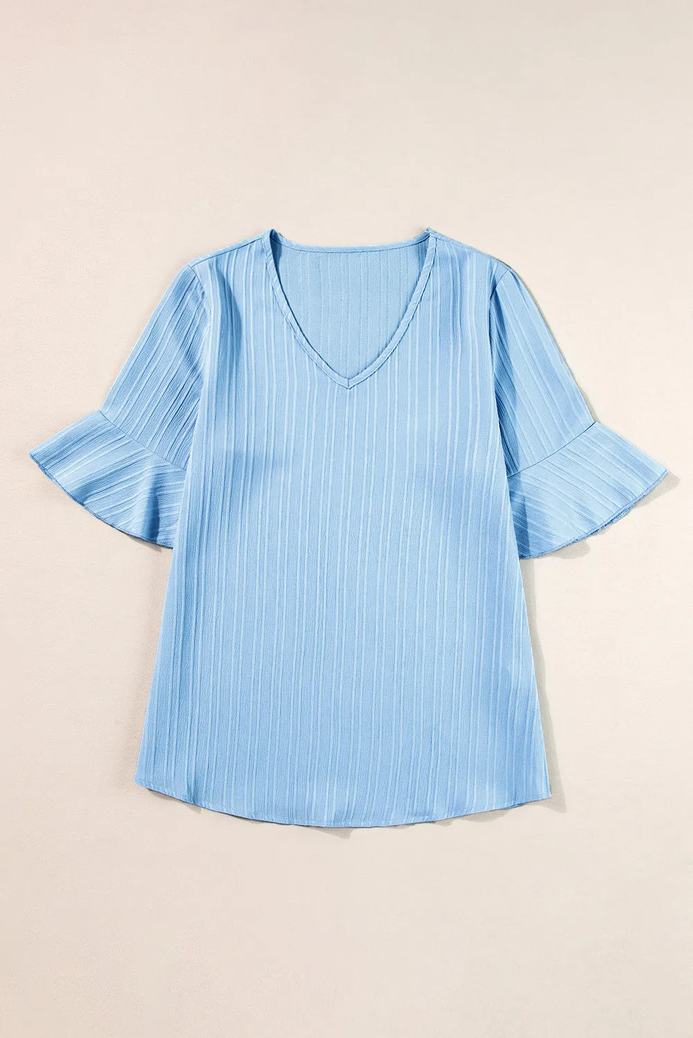 Ruffled Short Sleeve V Neck Textured Blouse
