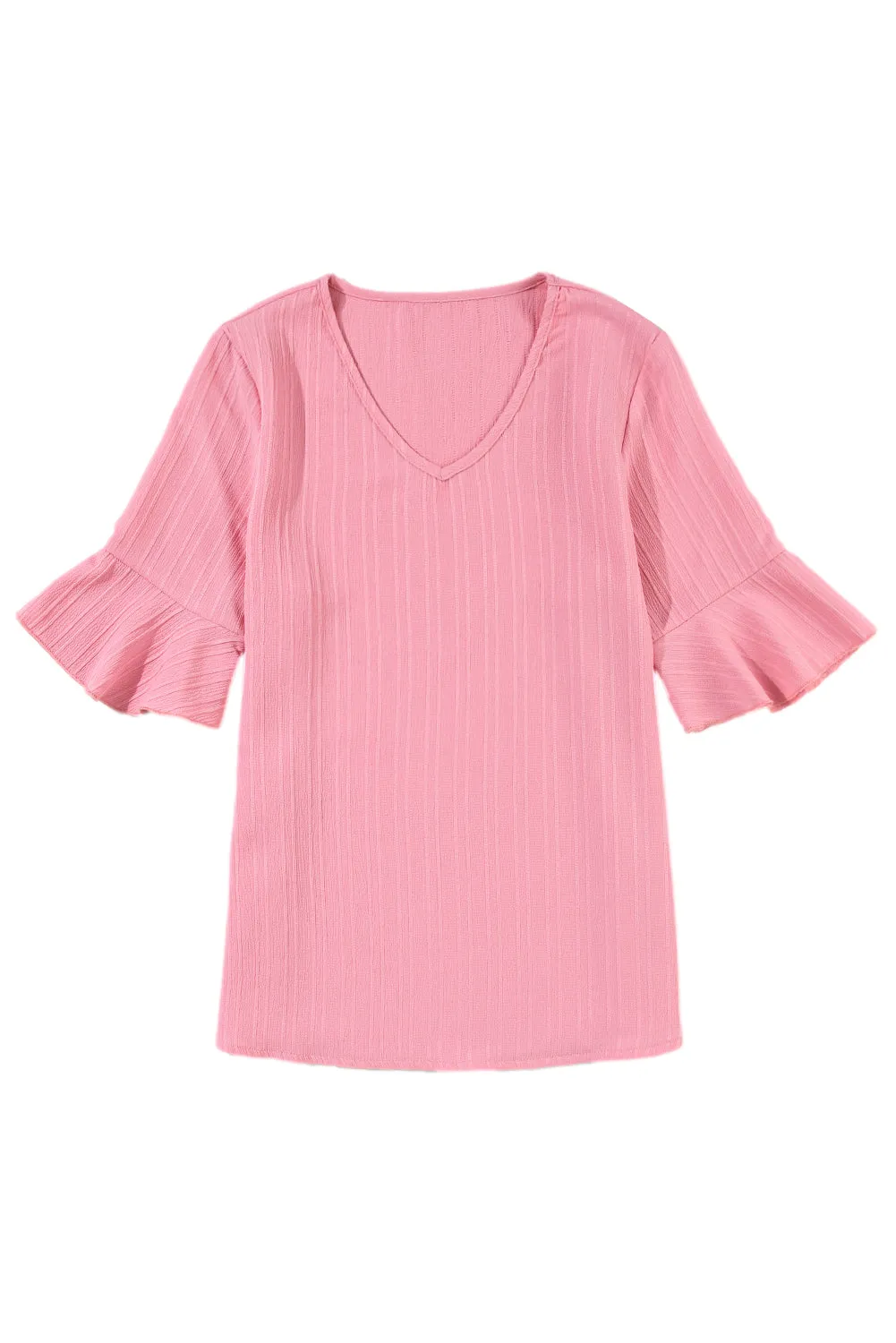 Ruffled Short Sleeve V Neck Textured Blouse