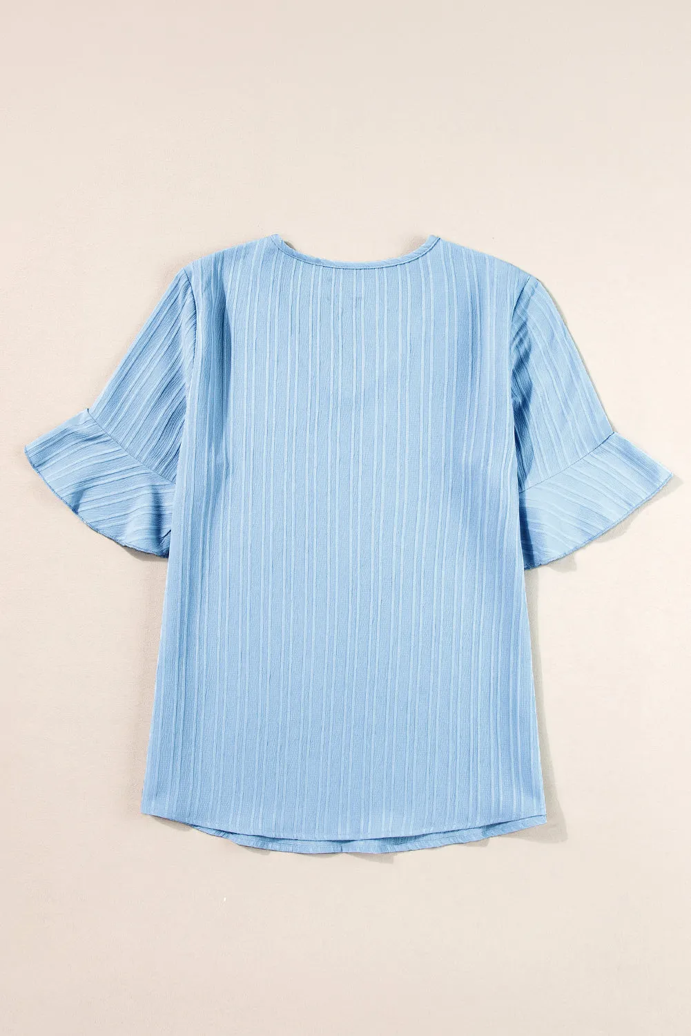 Ruffled Short Sleeve V Neck Textured Blouse