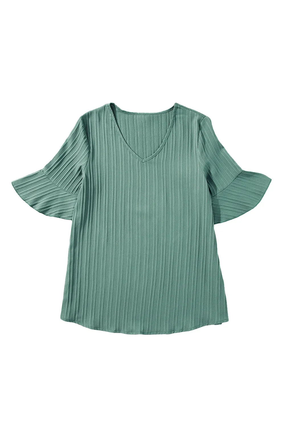 Ruffled Short Sleeve V Neck Textured Blouse