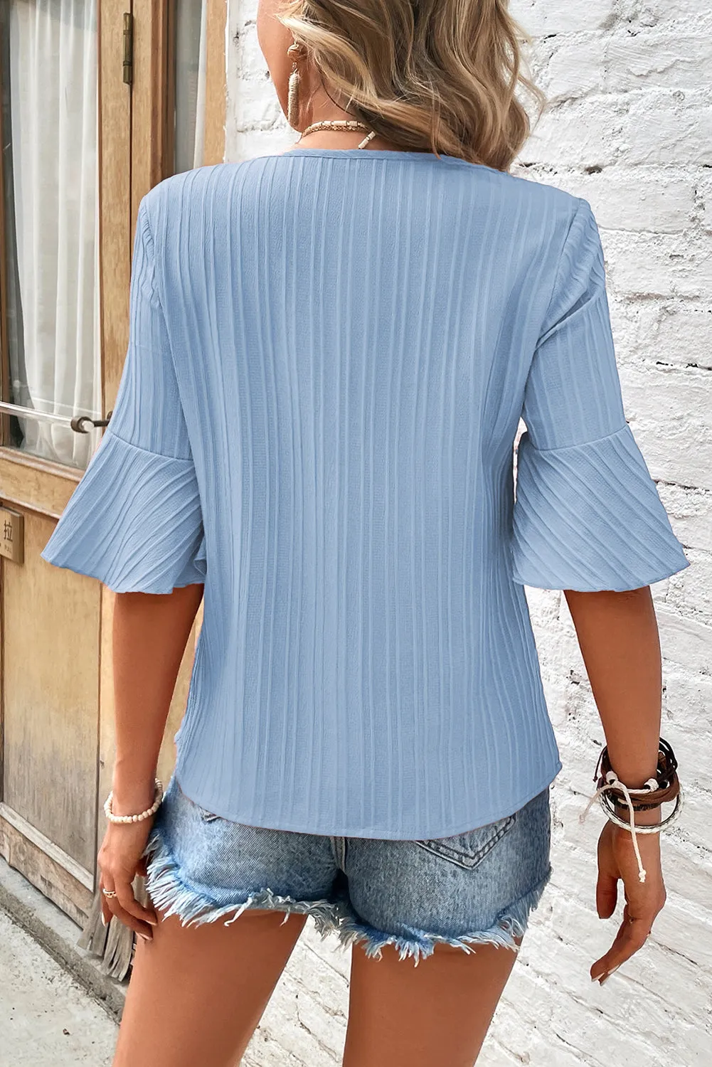 Ruffled Short Sleeve V Neck Textured Blouse