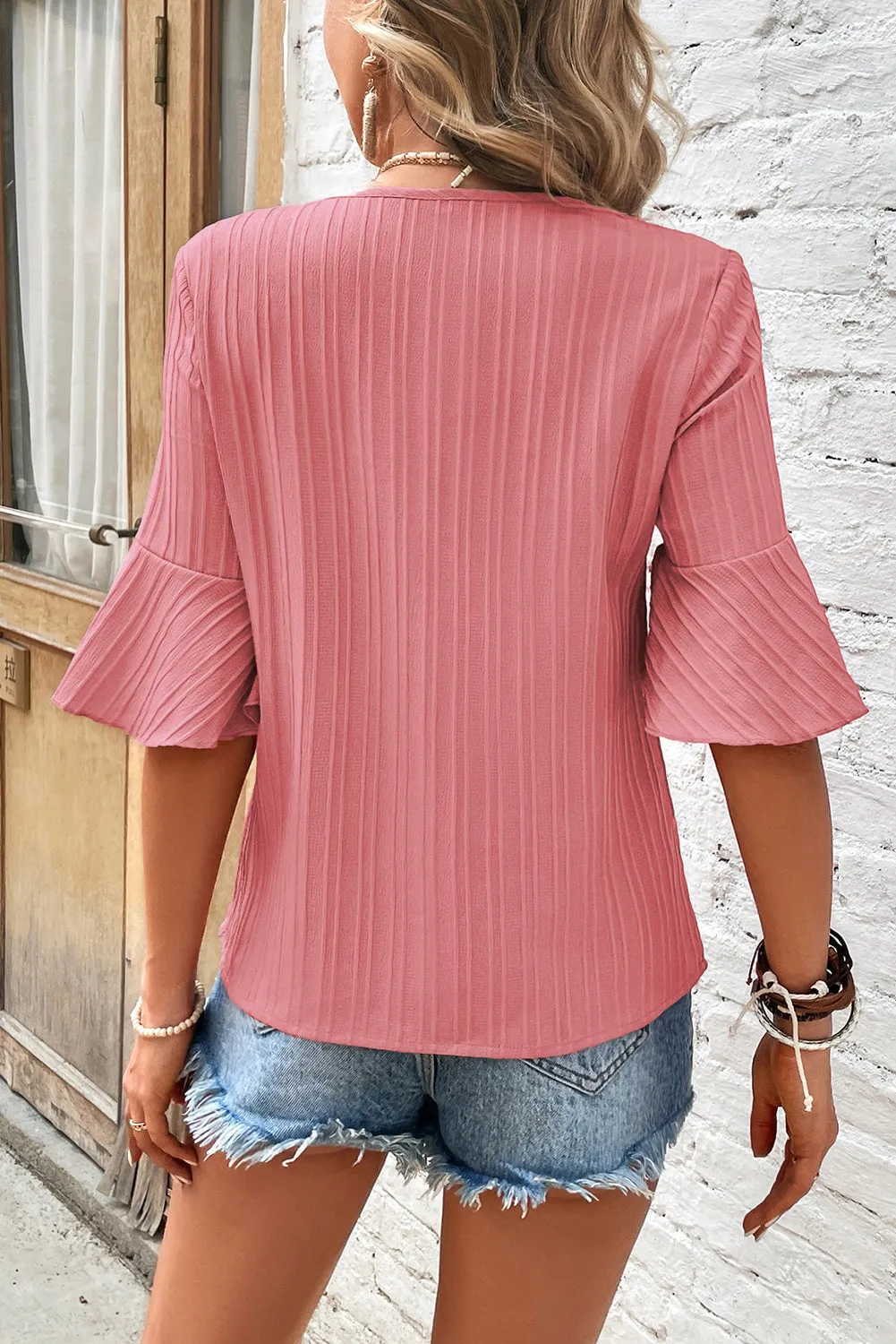 Ruffled Short Sleeve V Neck Textured Blouse