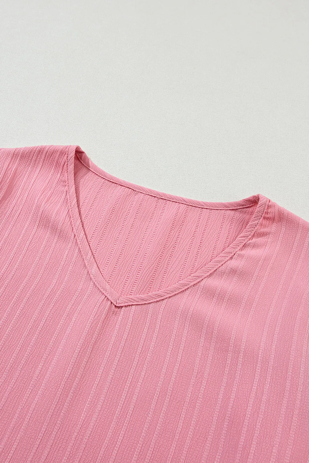 Ruffled Short Sleeve V Neck Textured Blouse