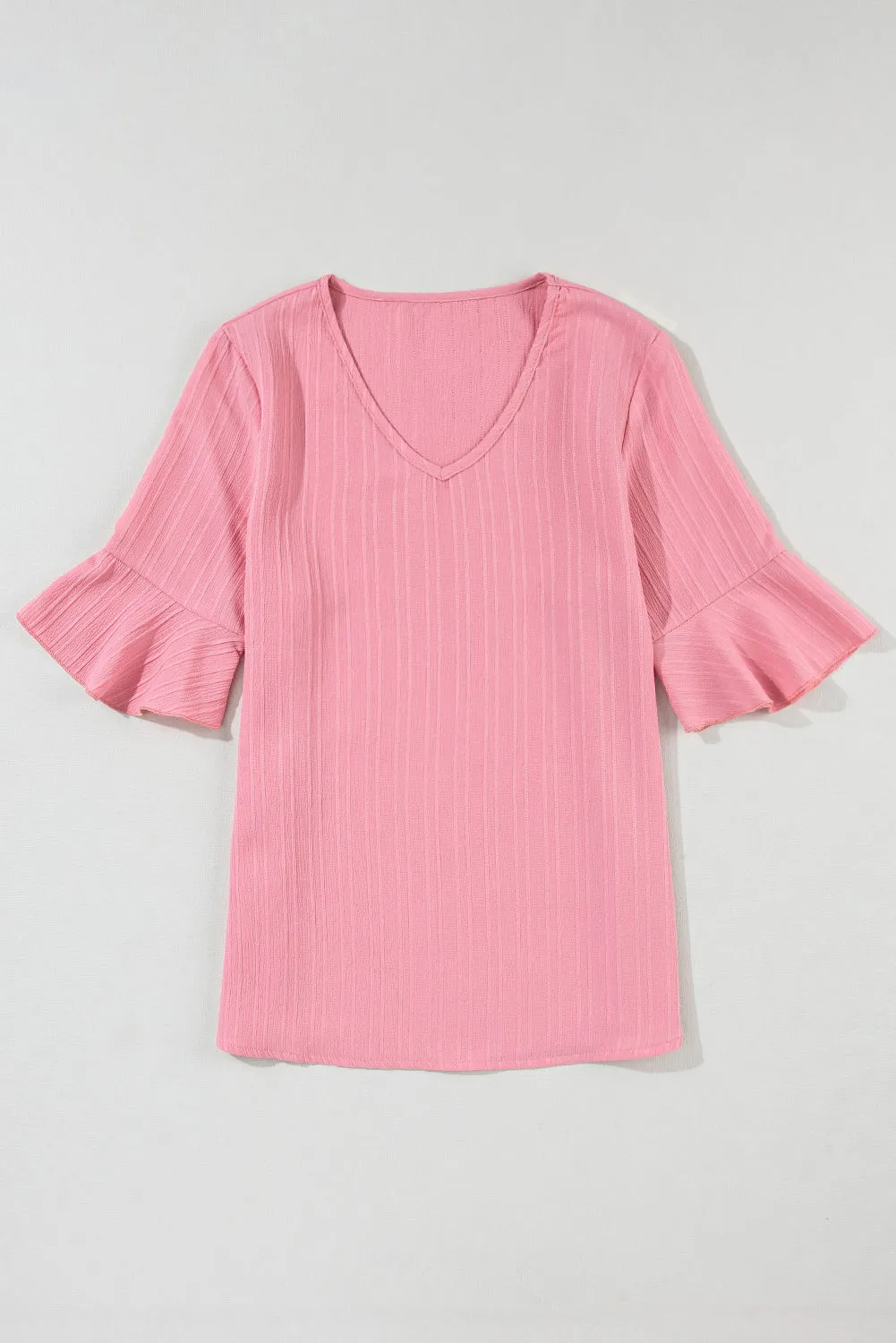 Ruffled Short Sleeve V Neck Textured Blouse