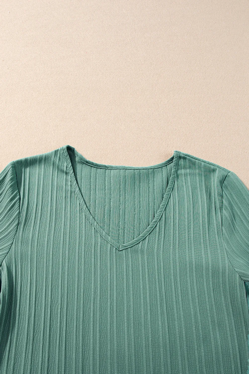 Ruffled Short Sleeve V Neck Textured Blouse