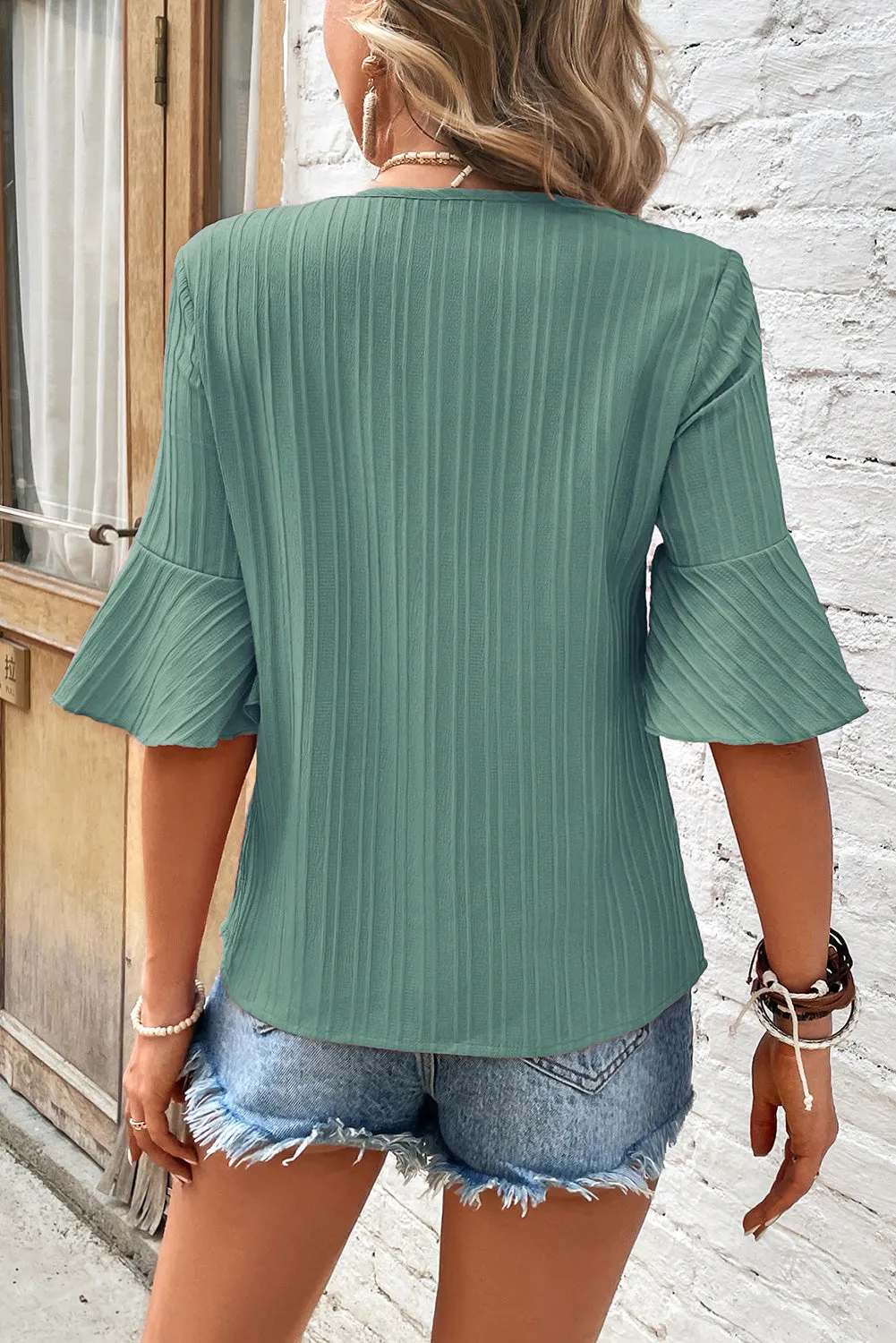 Ruffled Short Sleeve V Neck Textured Blouse
