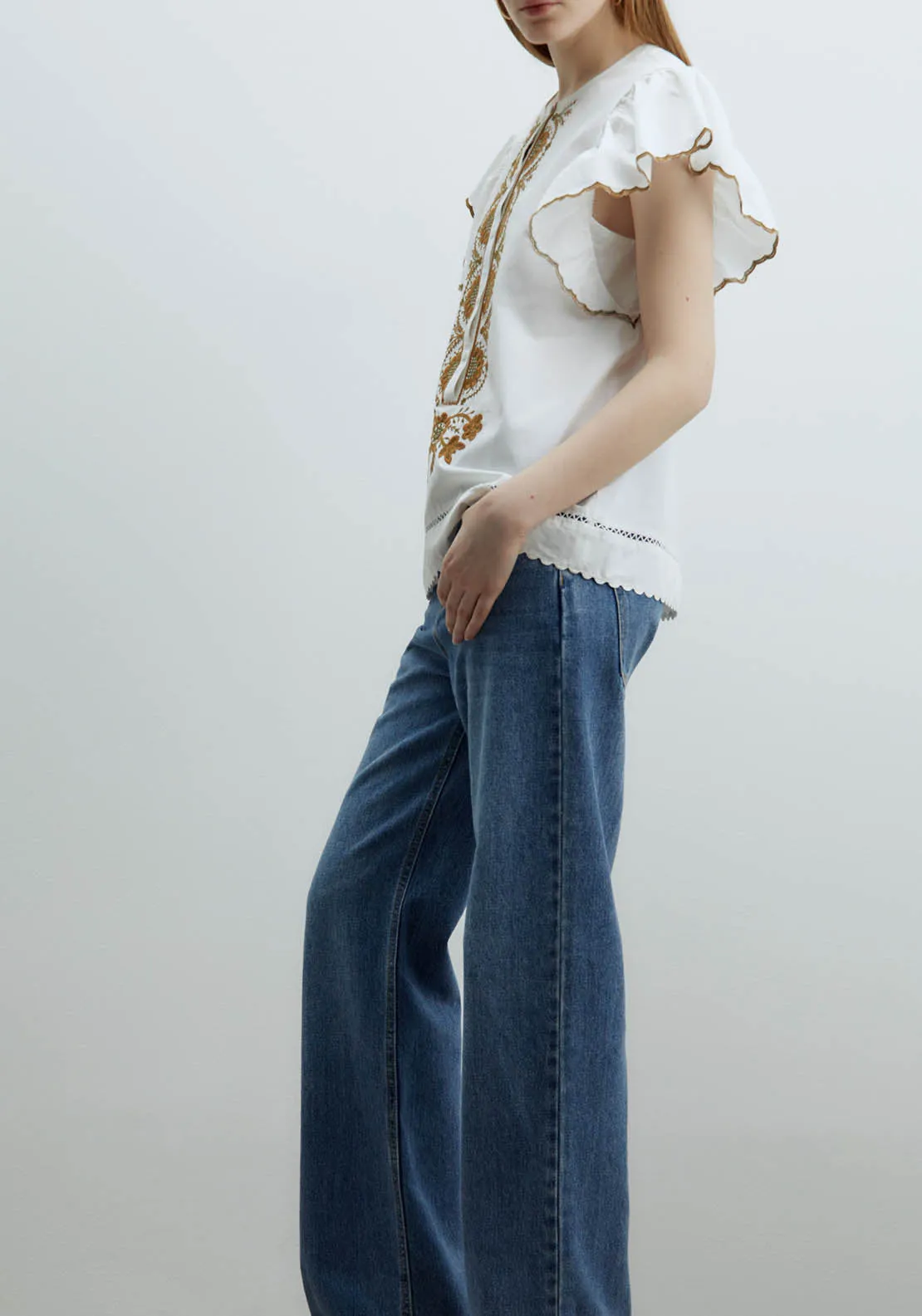 Ruffles Embroidered Blouse - Green