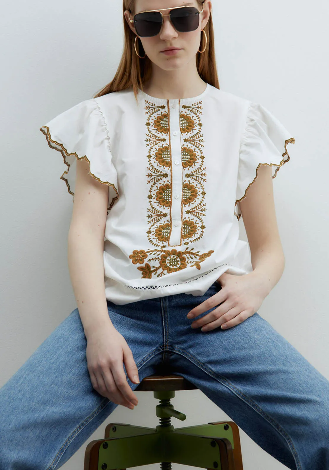 Ruffles Embroidered Blouse - Green