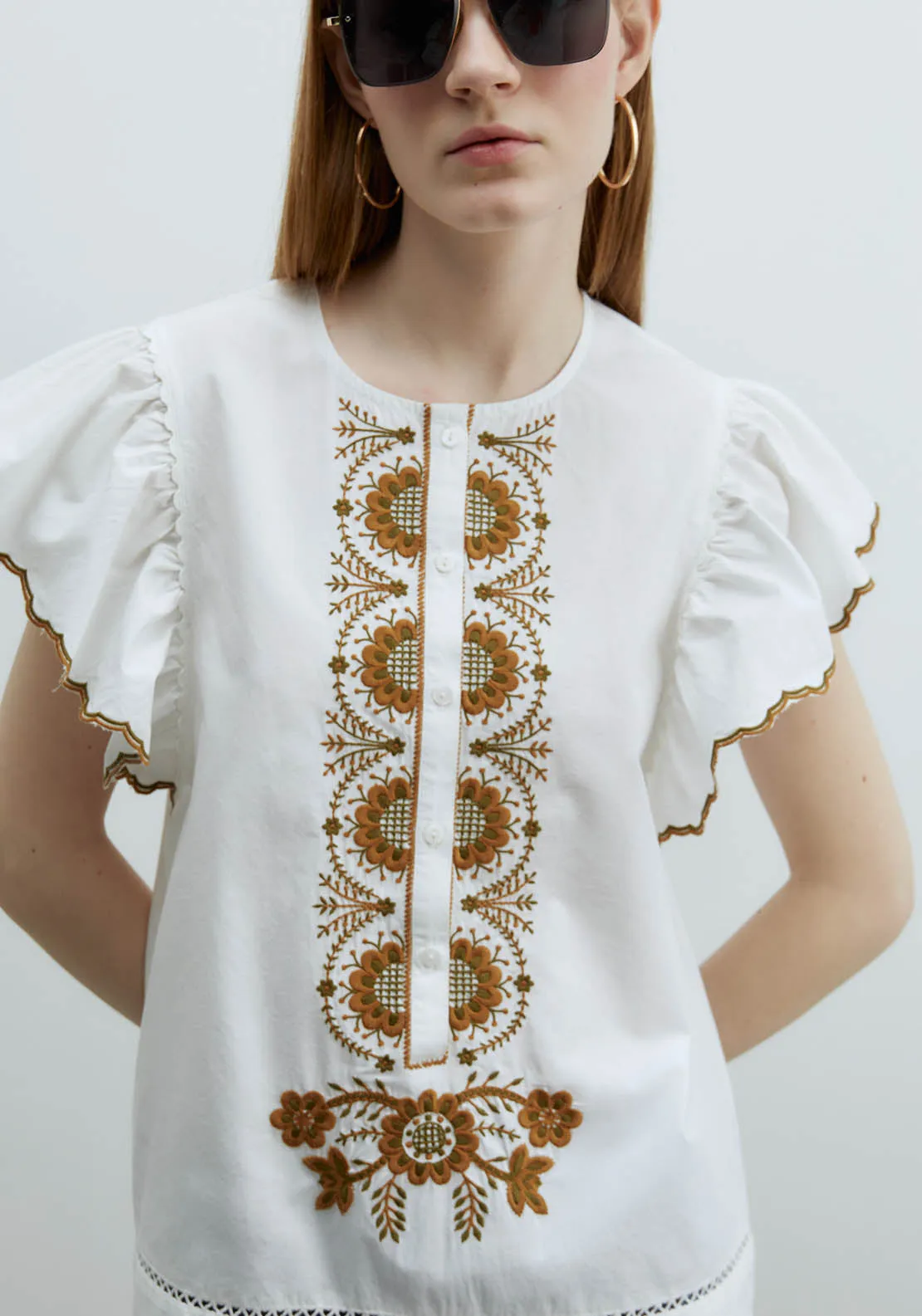Ruffles Embroidered Blouse - Green