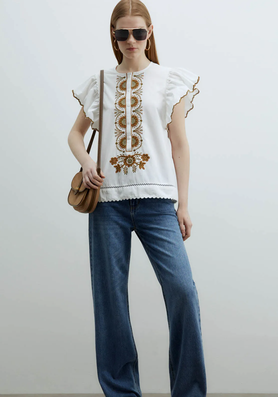 Ruffles Embroidered Blouse - Green