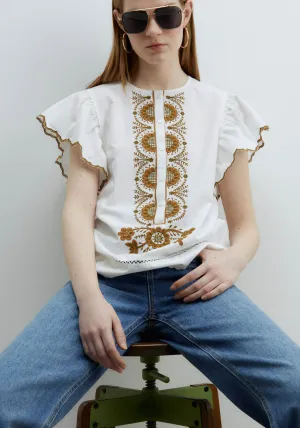 Ruffles Embroidered Blouse - Green