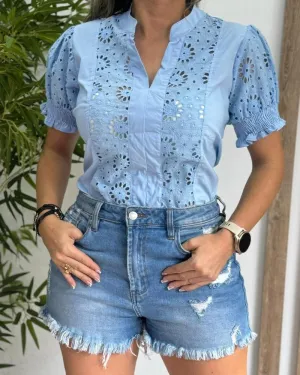 Ruffles Short Puff Sleeve Stand V Neck Blouse Casual Hollow Out Top
