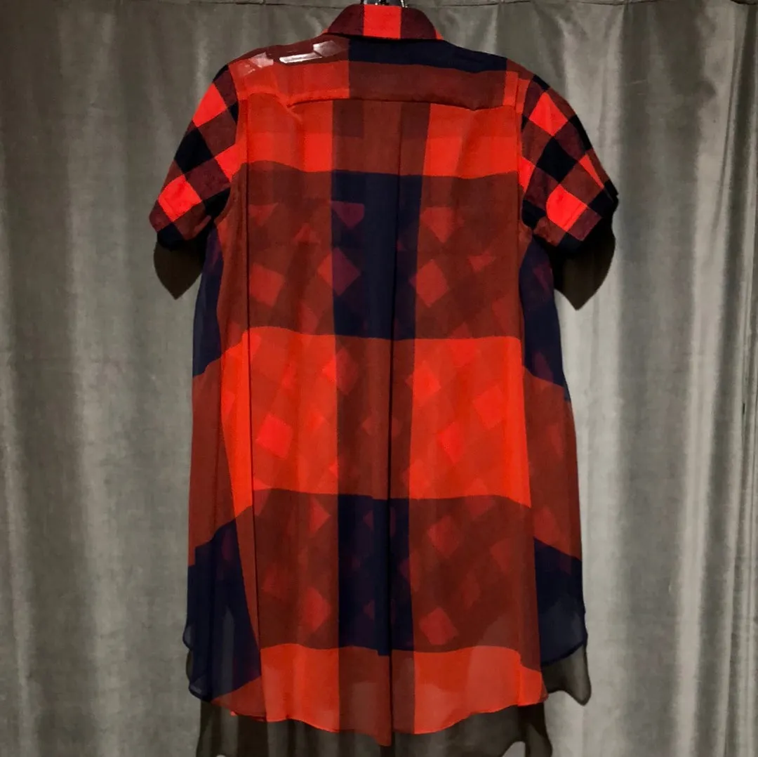 SACAI Navy and Red Plaid Collared Top with Sheer Back