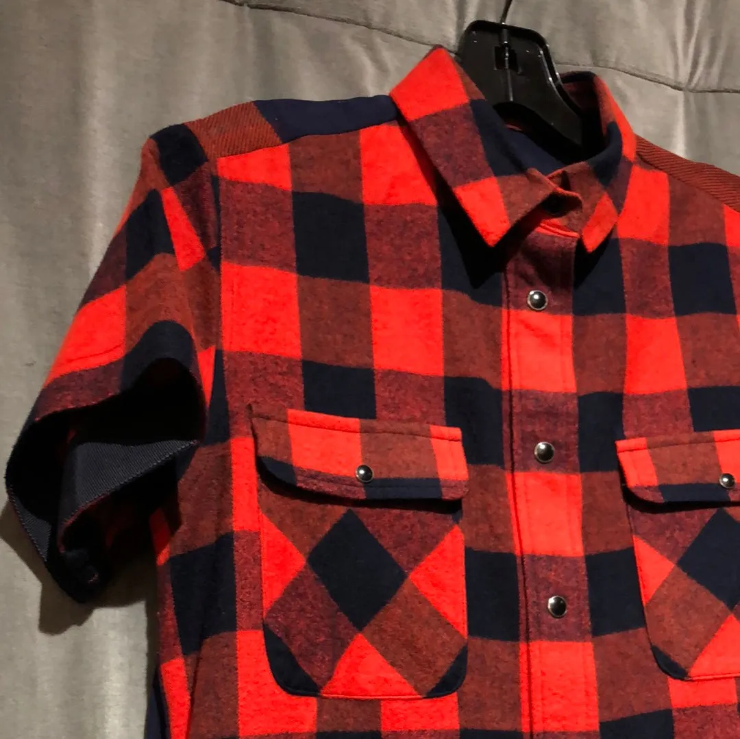 SACAI Navy and Red Plaid Collared Top with Sheer Back