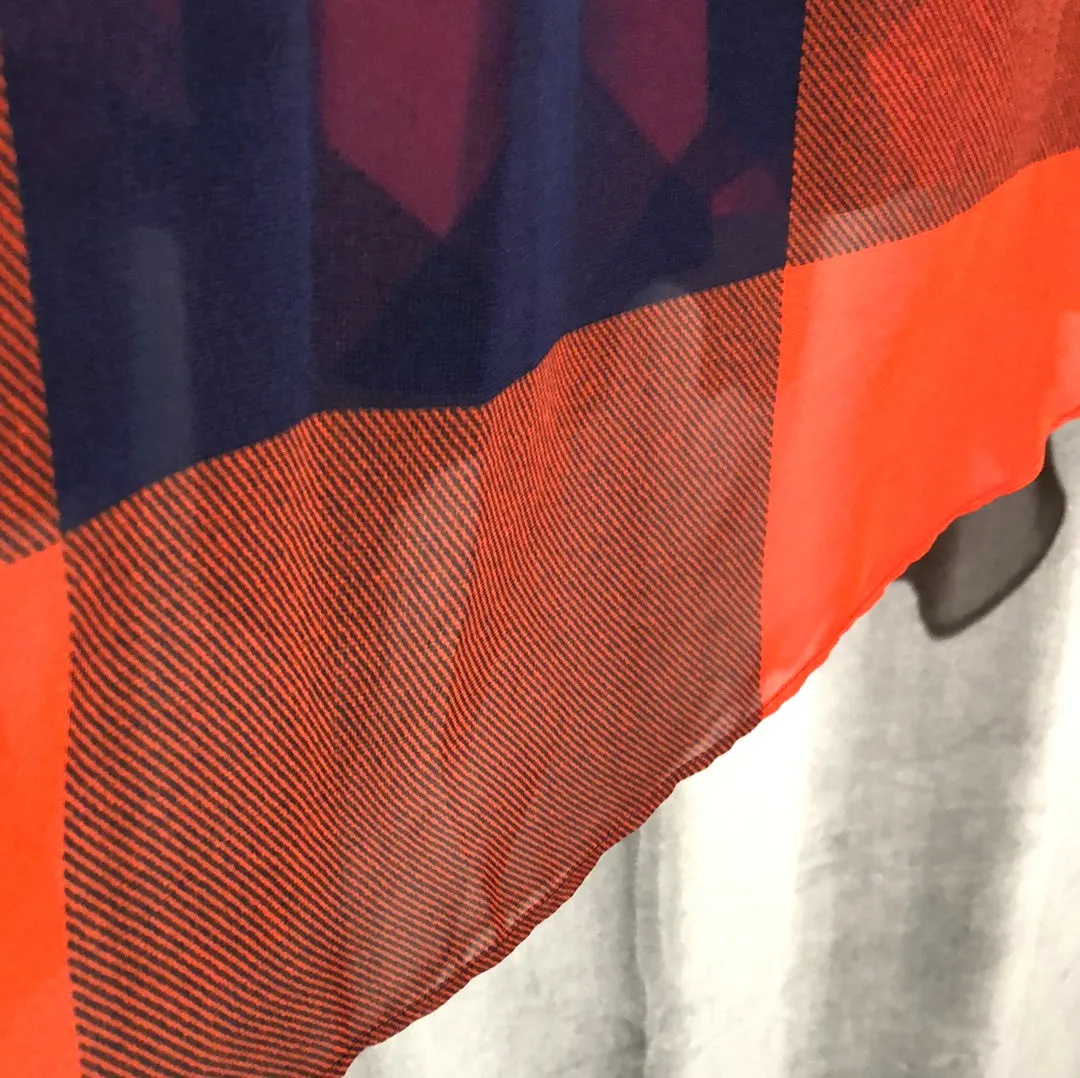 SACAI Navy and Red Plaid Collared Top with Sheer Back