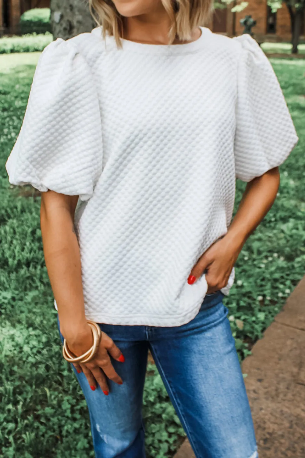 Sea Green Solid Textured O Neck Puff Sleeve Blouse