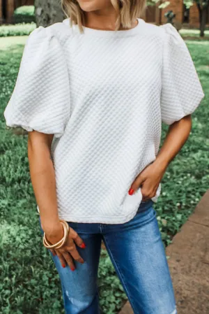 Sea Green Solid Textured O Neck Puff Sleeve Blouse