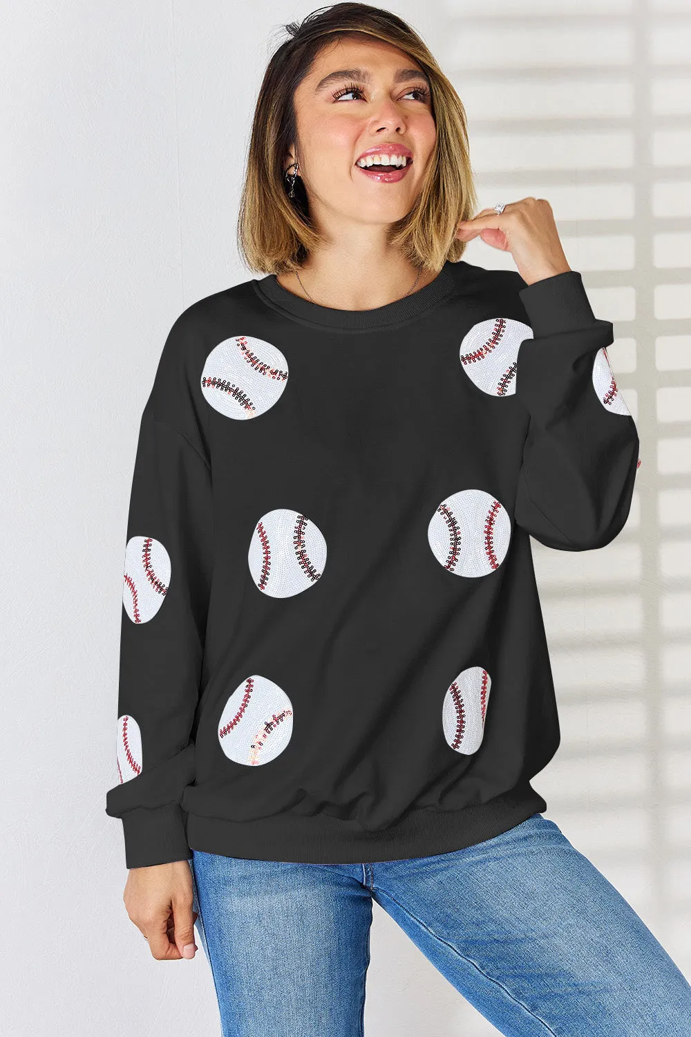 Sequin Baseball Round Neck Dropped Shoulder Sweatshirt