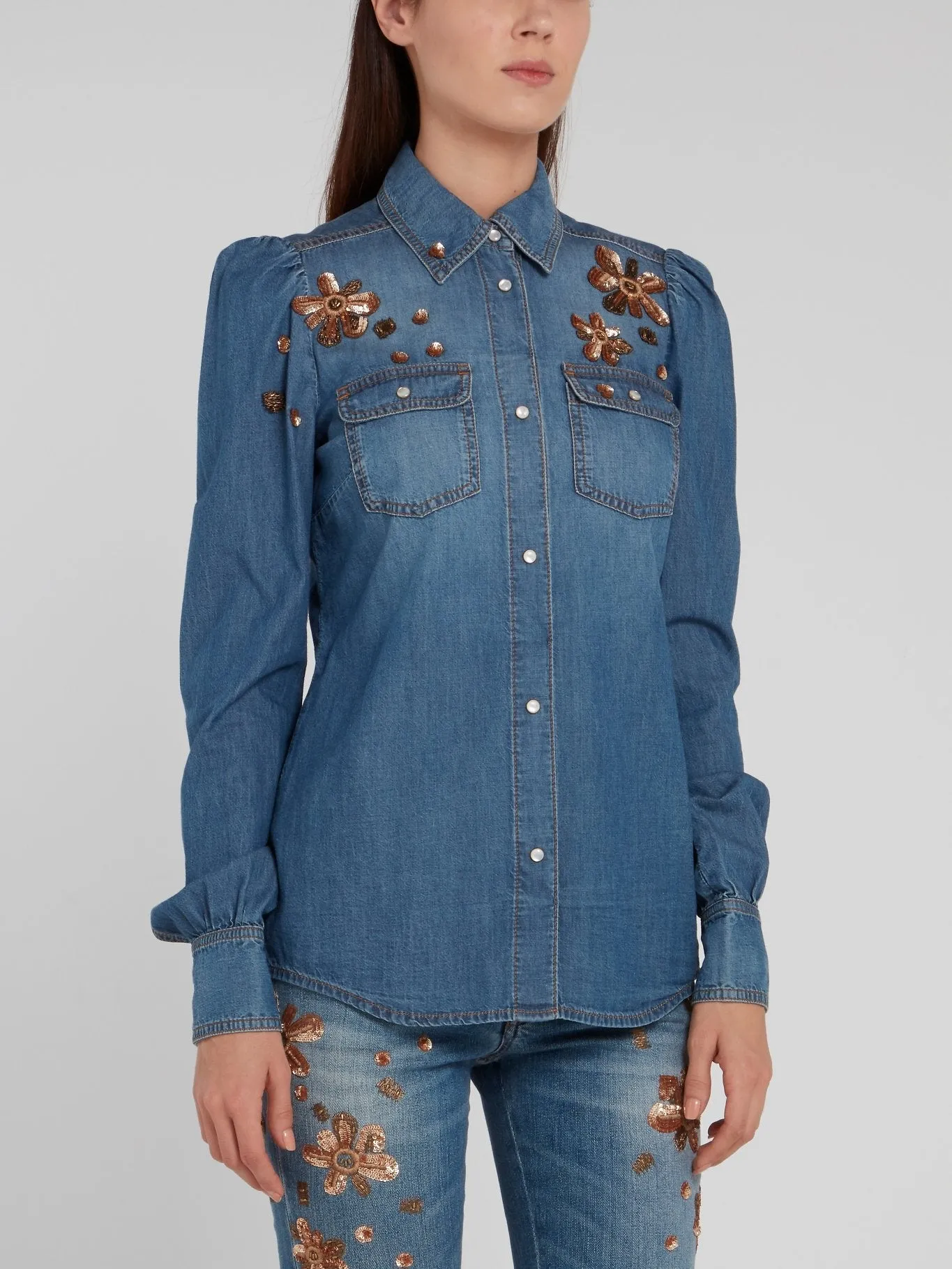 Sequin Detail Puff Sleeve Denim Shirt