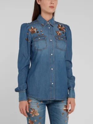 Sequin Detail Puff Sleeve Denim Shirt