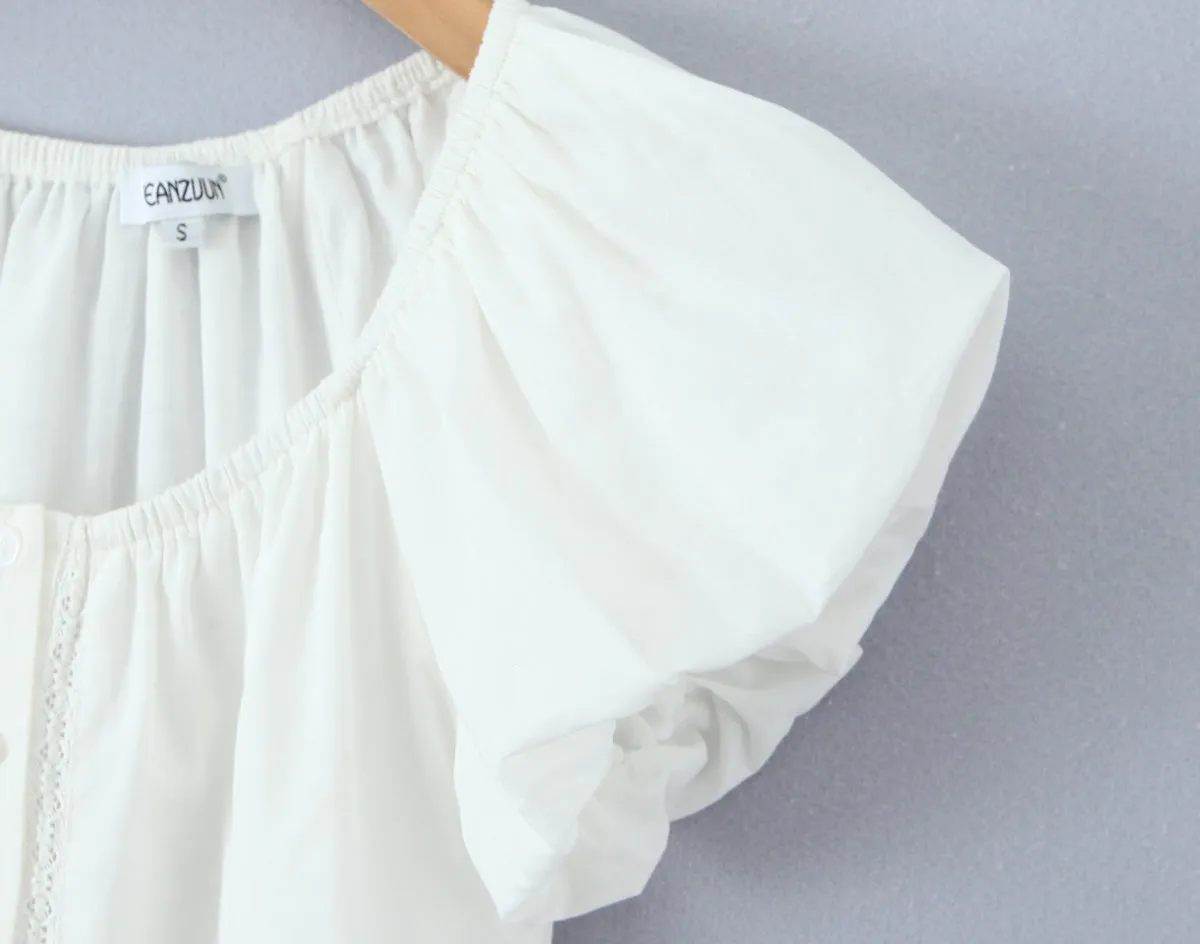 Sexy Slim Fit Small round Neck Breasted Short Top Women Sexy Puff Sleeve Lace Stitching Lace Strap Short Sleeve T shirt
