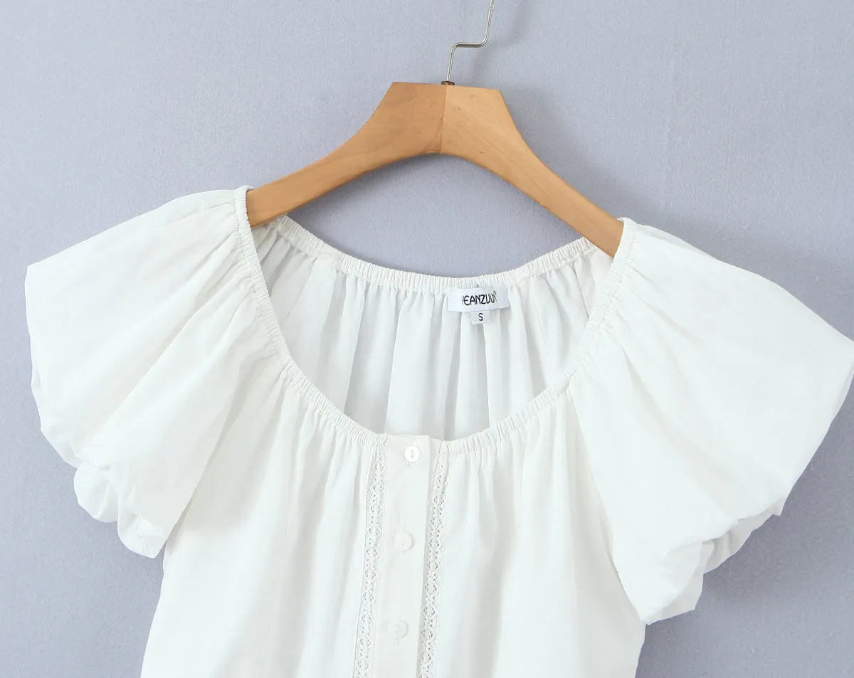 Sexy Slim Fit Small round Neck Breasted Short Top Women Sexy Puff Sleeve Lace Stitching Lace Strap Short Sleeve T shirt