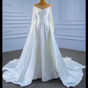 Sheath Satin Long Sleeve Wedding Dress with Detachable Overskirt