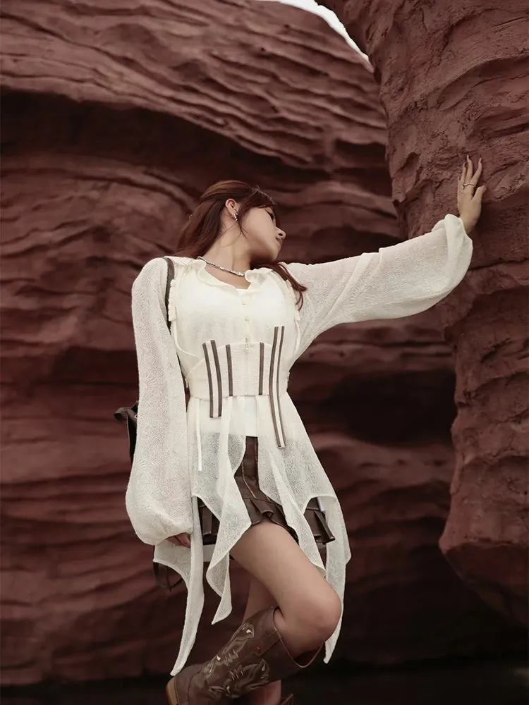 Sheer Asymmetry Back-Ribbon Natural Tops＆Camisole【s0000004010】