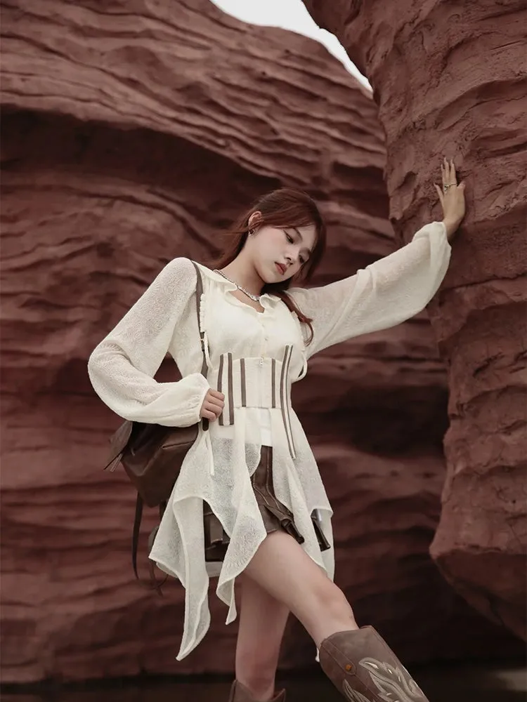 Sheer Asymmetry Back-Ribbon Natural Tops＆Camisole【s0000004010】
