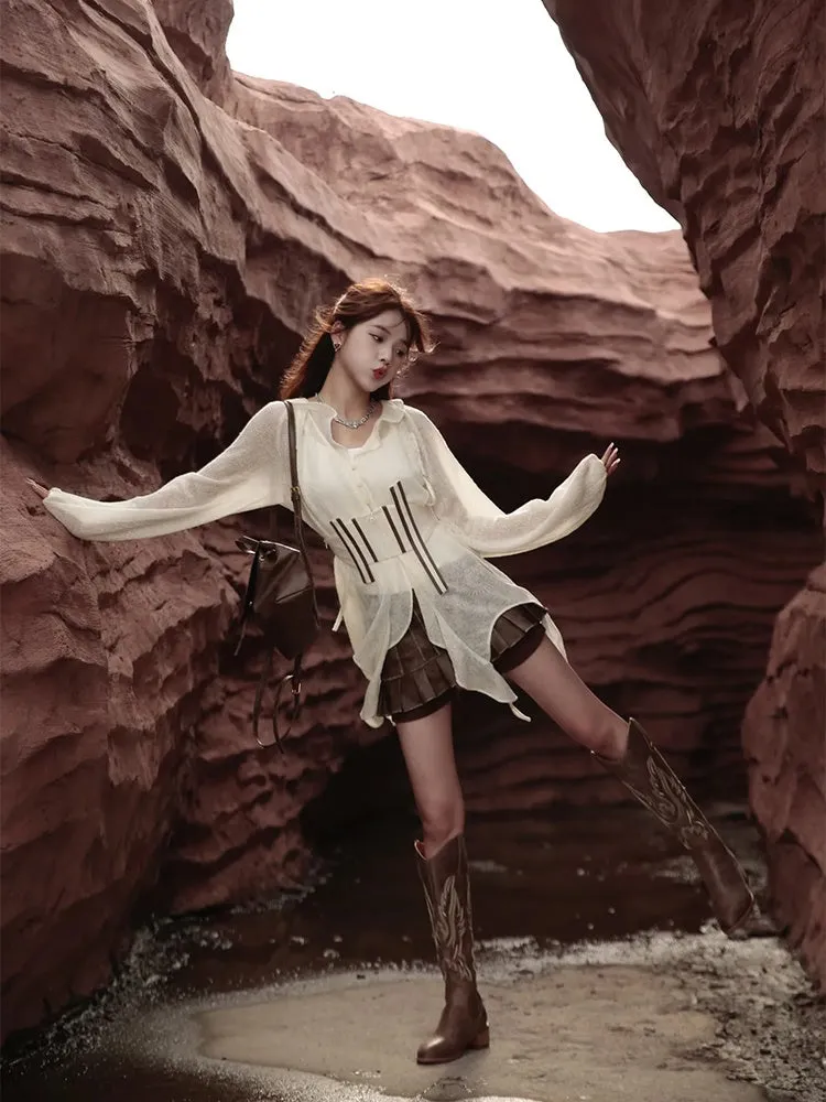 Sheer Asymmetry Back-Ribbon Natural Tops＆Camisole【s0000004010】