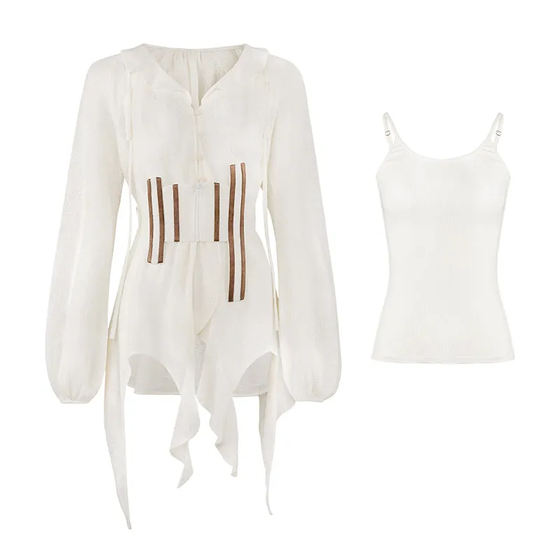 Sheer Asymmetry Back-Ribbon Natural Tops＆Camisole【s0000004010】