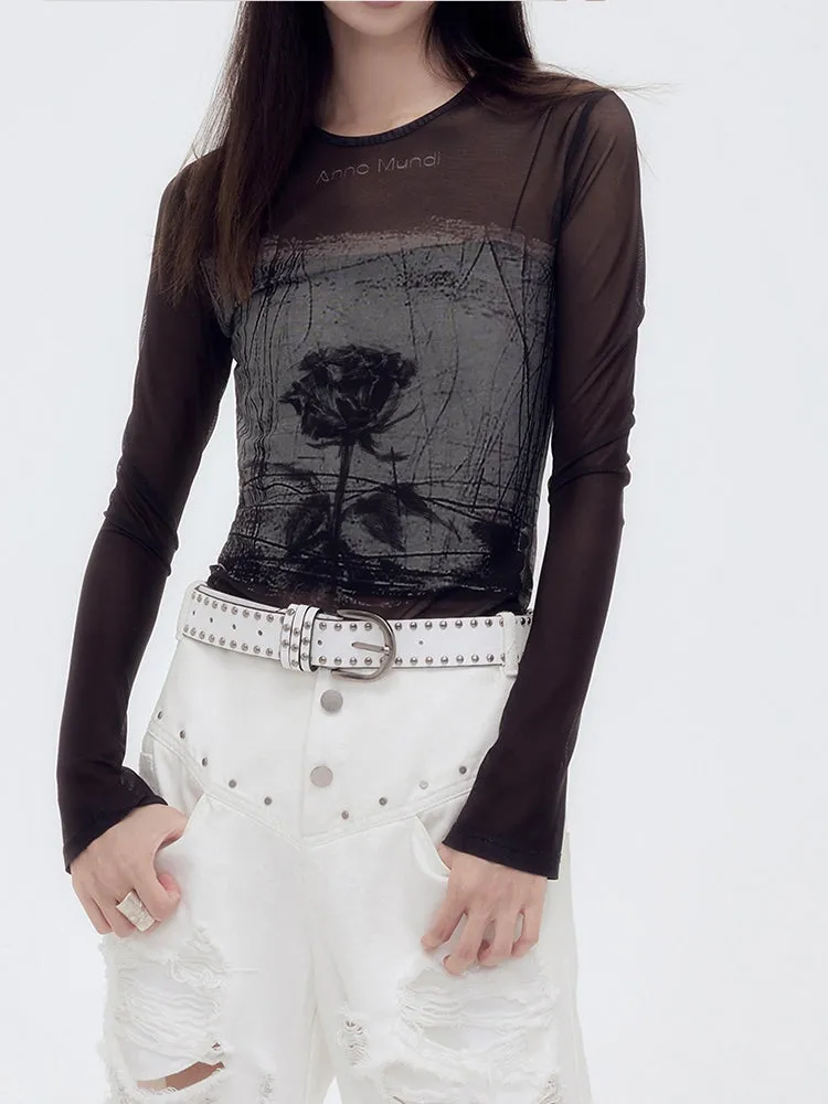 Sheer Mesh Silhouette Flower Cutsew