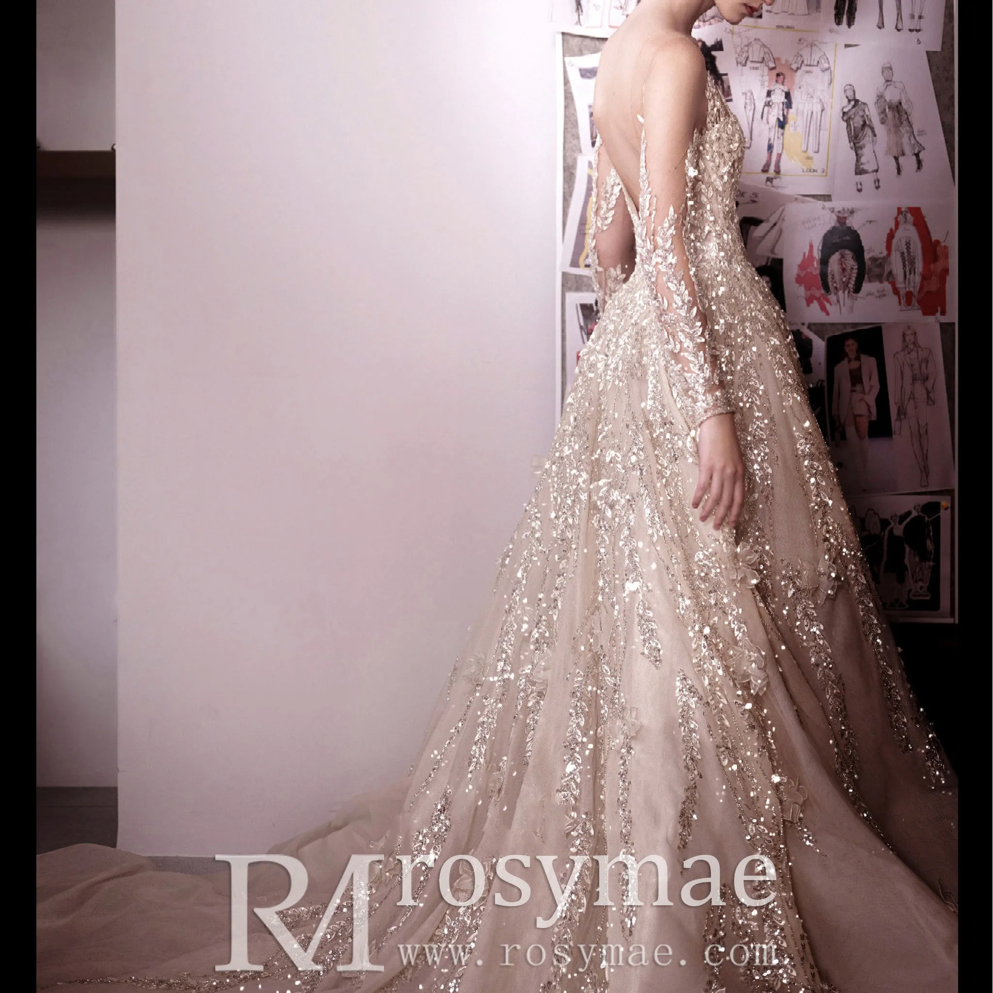 Sheer Neck Long Sleeve Mermaid Wedding Dress With Detachable Train