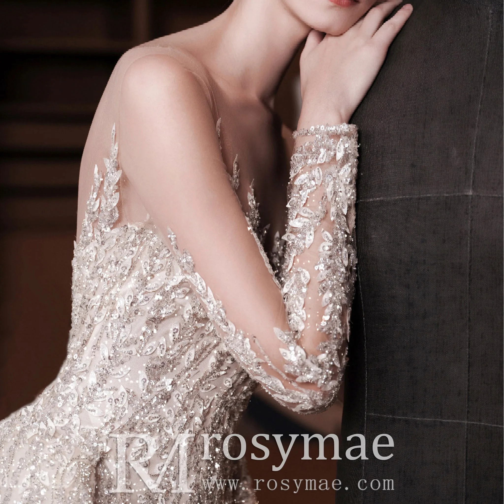 Sheer Neck Long Sleeve Mermaid Wedding Dress With Detachable Train