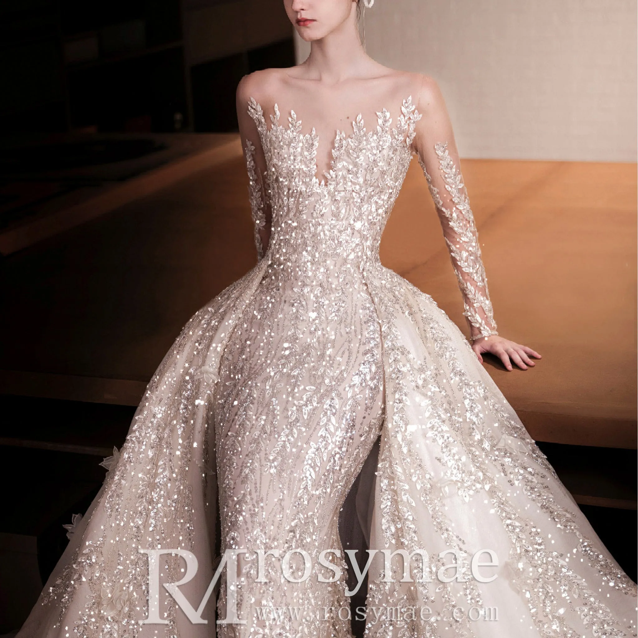 Sheer Neck Long Sleeve Mermaid Wedding Dress With Detachable Train