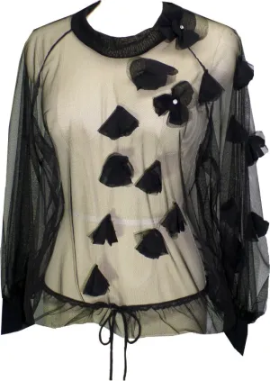 Sheer Raglan Top w/ Flowers - Black