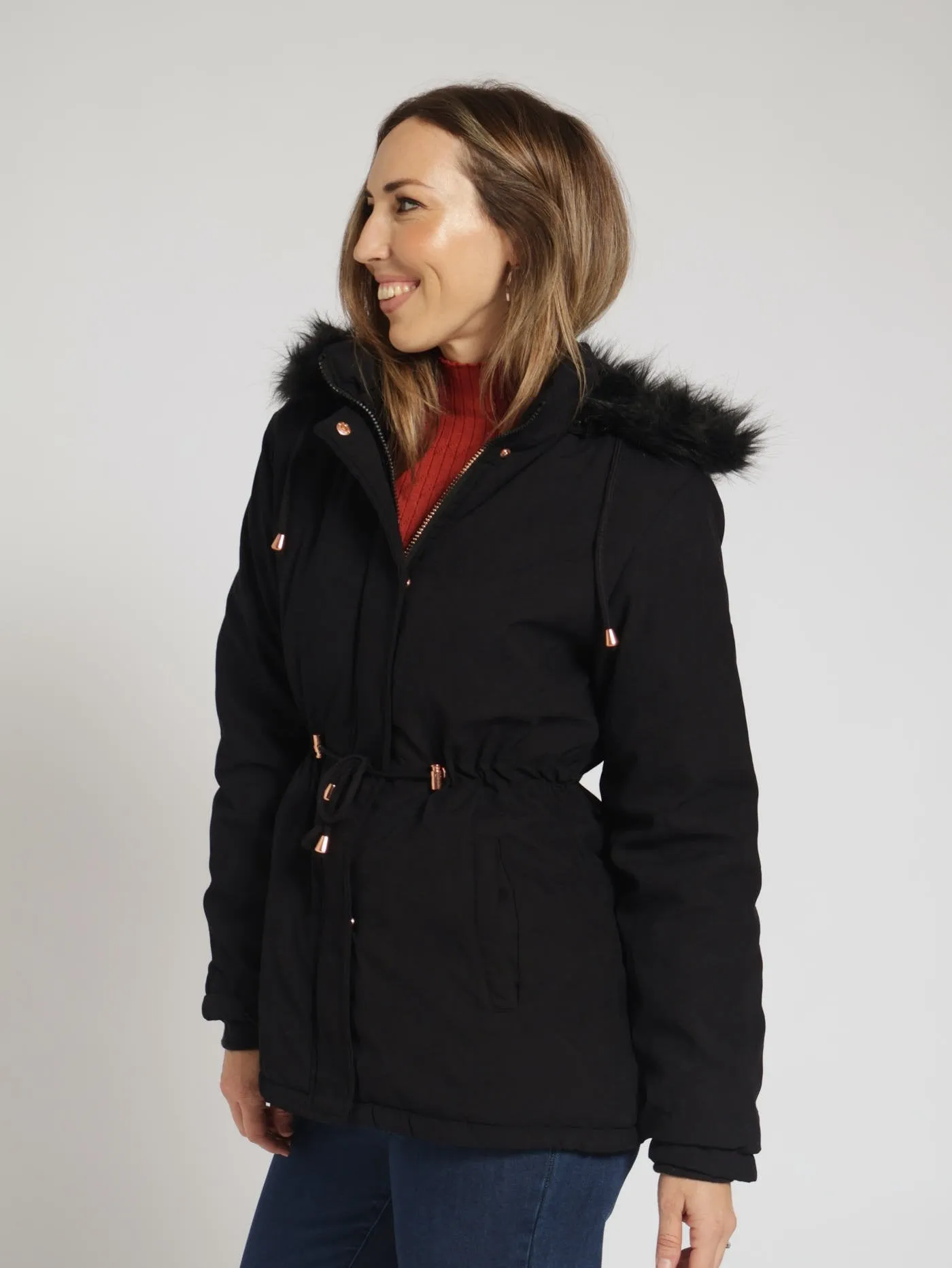 Sherpa Lined Parker Jacket With Detachable Hood - Black