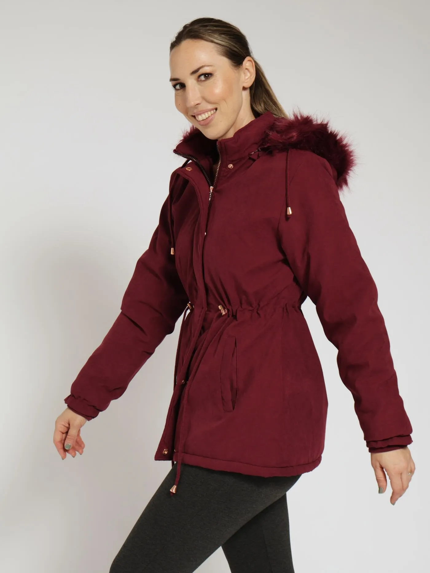 Sherpa Lined Parker Jacket With Detachable Hoody - Wine