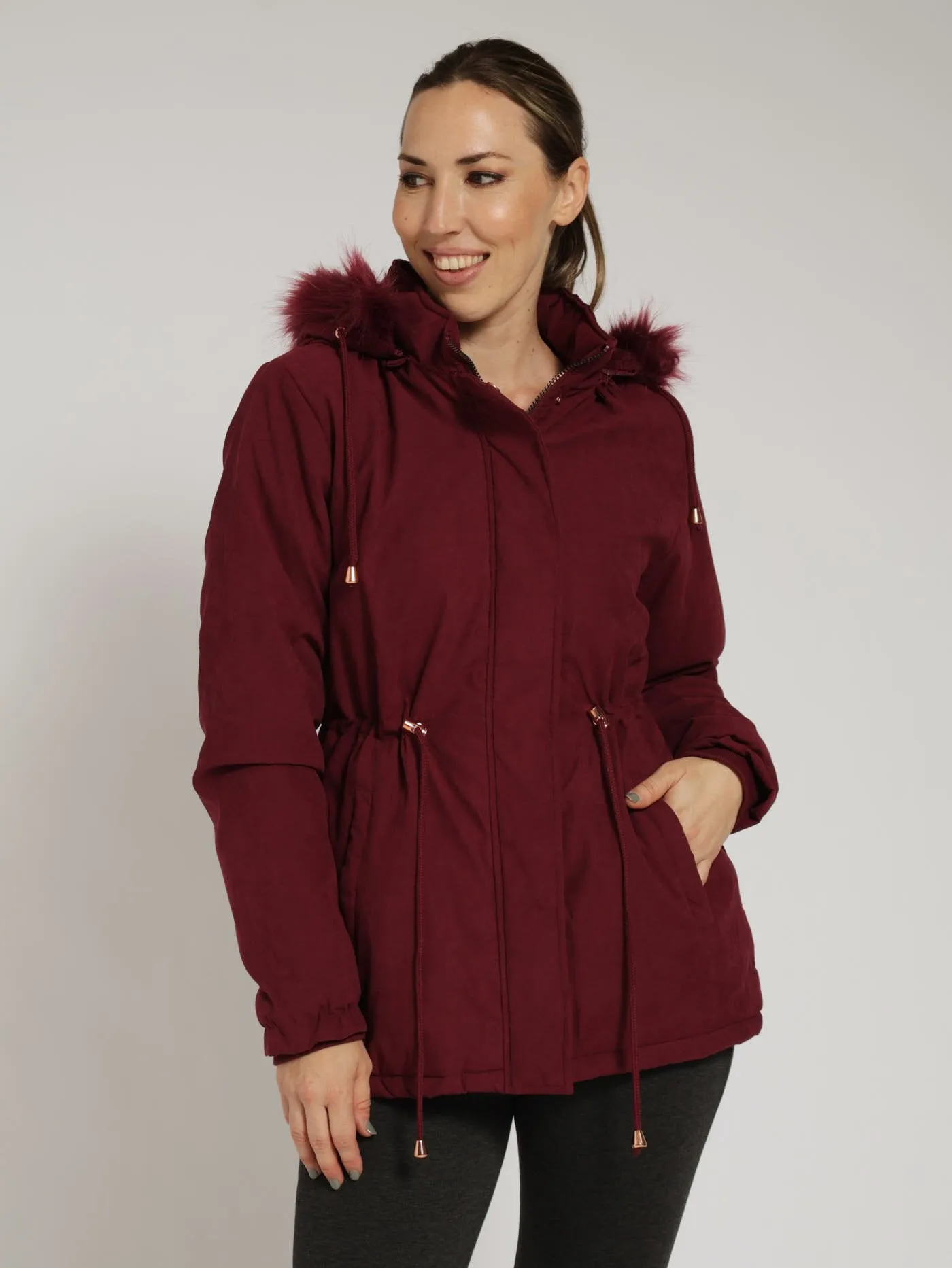 Sherpa Lined Parker Jacket With Detachable Hoody - Wine