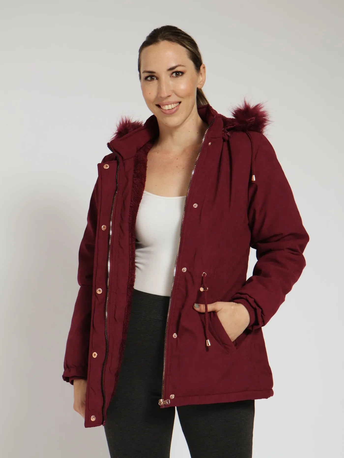 Sherpa Lined Parker Jacket With Detachable Hoody - Wine